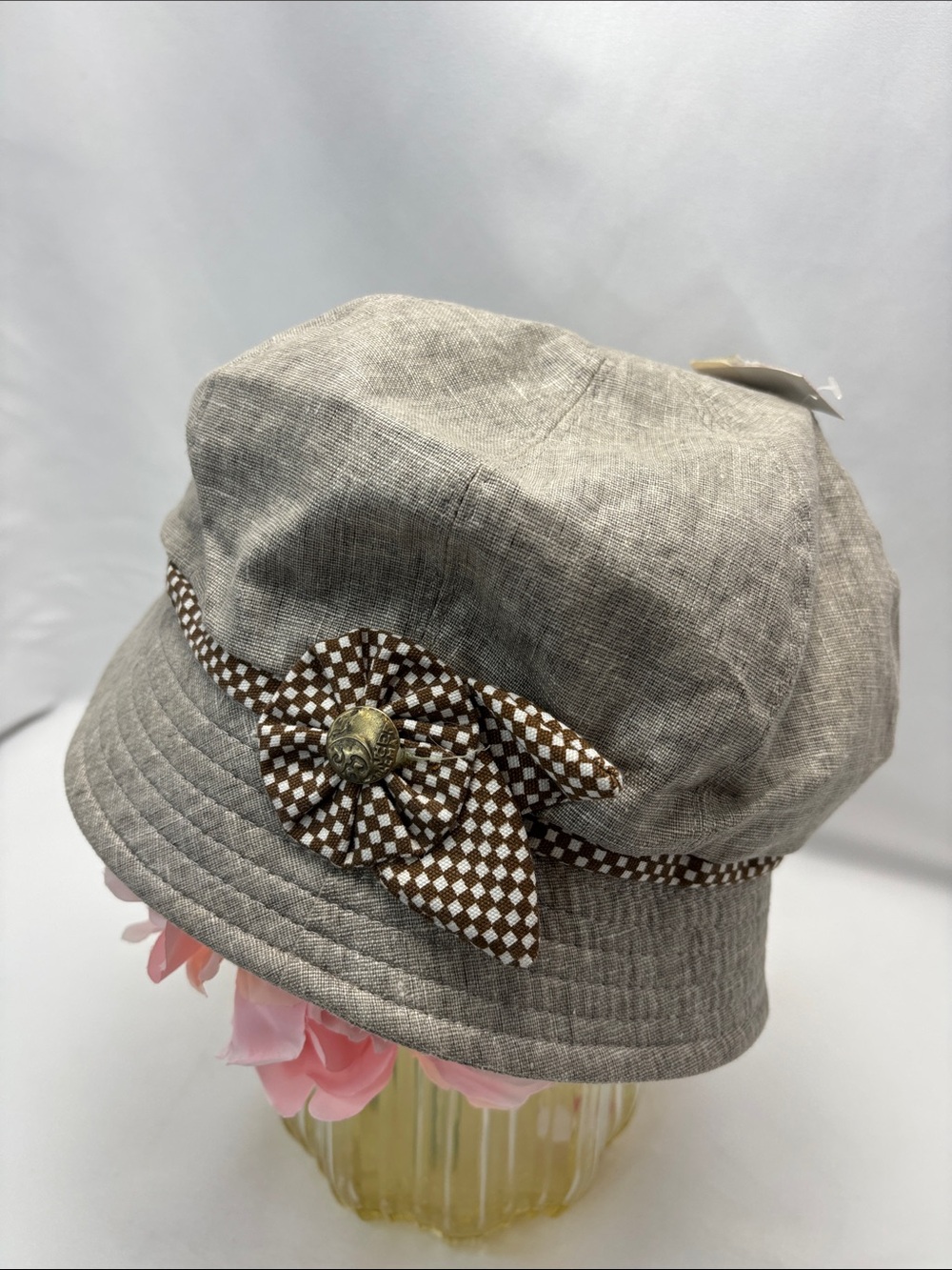Neutral‎ Linen-Look Bucket Hat with Brown Check Flower Accent#514